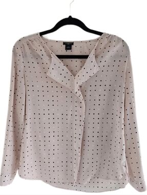 🖤 Ann Taylor Petite Pink Cream Polka Dot Ruffle Long Sleeve Blouse - SP